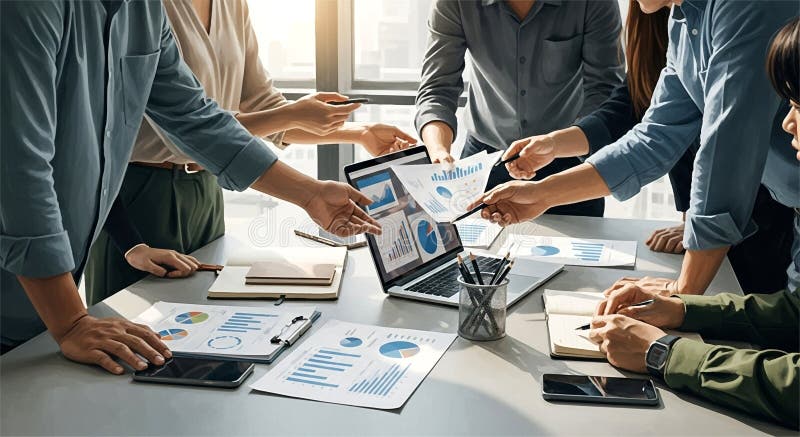 Printed charts, notes and a laptop on a meeting table